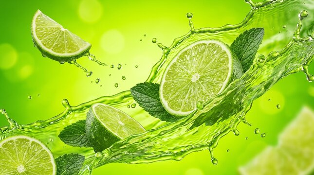Refreshing lime slices and mint leaves splashing in vibrant green liquid.