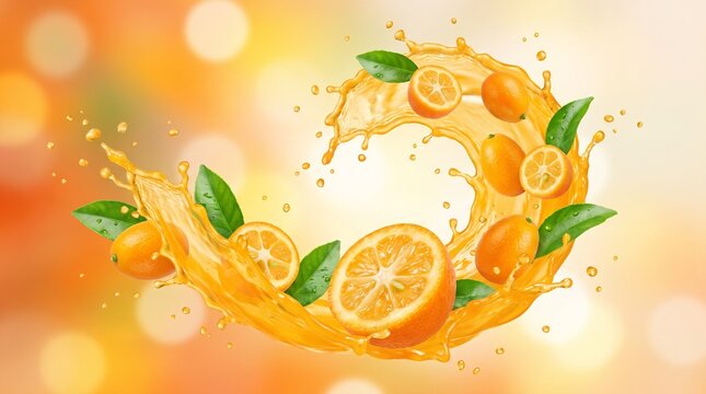 Refreshing orange juice splash with citrus slices and leaves.