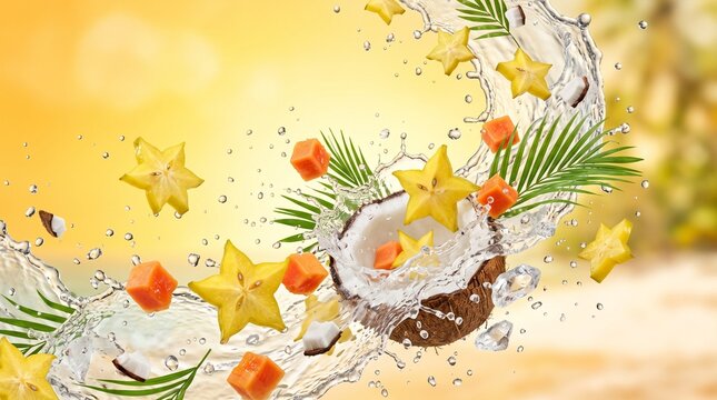 Refreshing Tropical Fruit Splash with Coconut, Star Fruit, and Papaya on a Sunny Background.