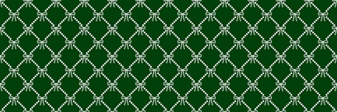Deep forest green dotted lattice lines adorned with neat black ribbon bows over dark green. Rugged organic seamless motif for outdoor hunting gear packages and camping adventure flyers.