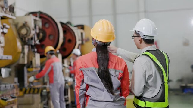 Two industrial workers in safety gear review data on a tablet inside a manufacturing plant, wearing helmets and vests amid heavy machinery on the factory floor.