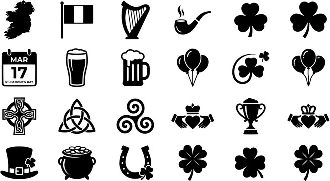 St. Patrick s Day icon set in a flat black silhouette style including shamrock, leprechaun hat, pot of gold, juice, Irish harp, celtic cross and horseshoe.