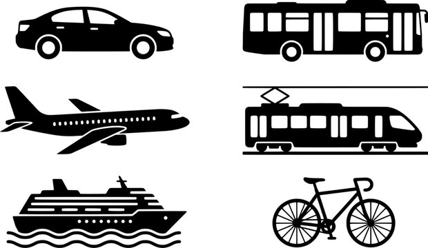 Transportation icon set in a simple black silhouette style including car, bus, airplane, train, cruise ship and bicycle.