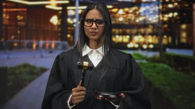 Woman judge in robe and glasses, young brunette holds gavel and block with raised hand, frowning before illuminated building entrance at night; justice concern.