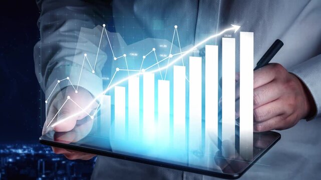 A business professional observes a growth chart on a digital tablet, showcasing futuristic data visualization against a night city backdrop for financial analysis. Copula