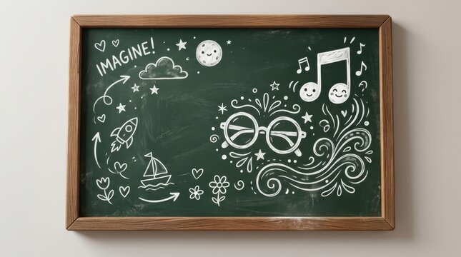 Chalkboard with chalk drawings of glasses rocket ship music notes and imagine text for education concept