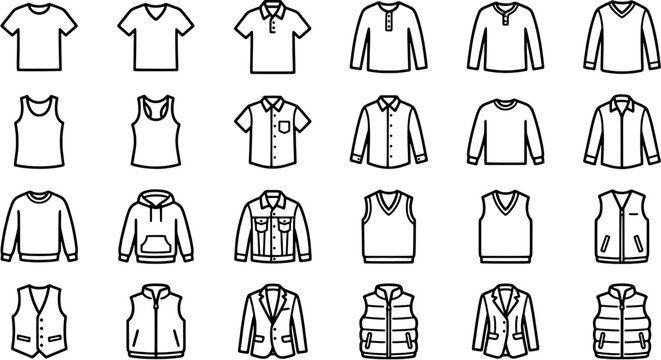 Clothing icon set in a minimalist line art style including t-shirts, shirts, sweaters, hoodies, vests and jackets. Editable vector illustration of apparel symbols on white.