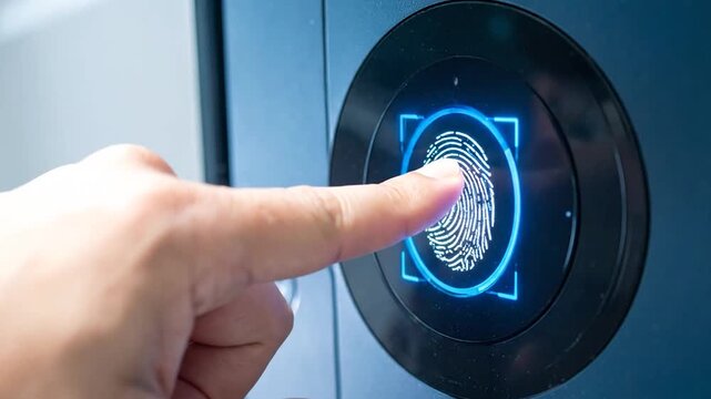 A finger touches a digital biometric scanner for secure access control