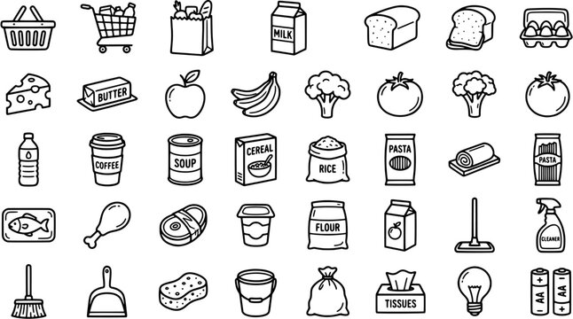Grocery and household icon set in a flat line art style including fresh food, cleaning supplies, kitchen staples and pantry items.