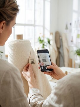 Hands scanning QR code on textile fabric roll tag with smartphone camera illustrating supply chain digital traceability concept