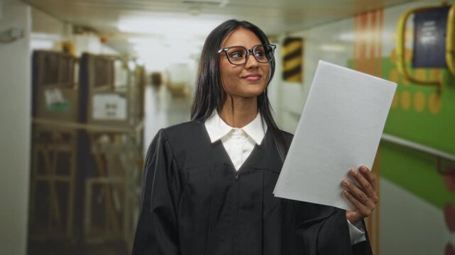 Woman judge in robe holding document with hand on chin in a building corridor, studying paper and glancing sideways; confidence thought.