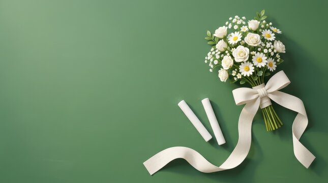 Bouquet of white flowers tied with ribbon and chalk pieces on green chalkboard background for Teacher's Day copy space