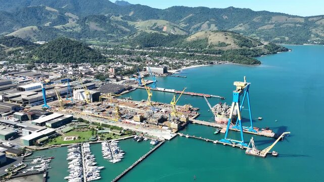 Praia do Machado, Angra dos Reis. Large shipyard in operation. Aerial view.