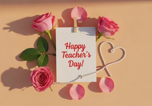 Happy Teacher's Day card with beautiful pink roses and rope heart shape on pastel background