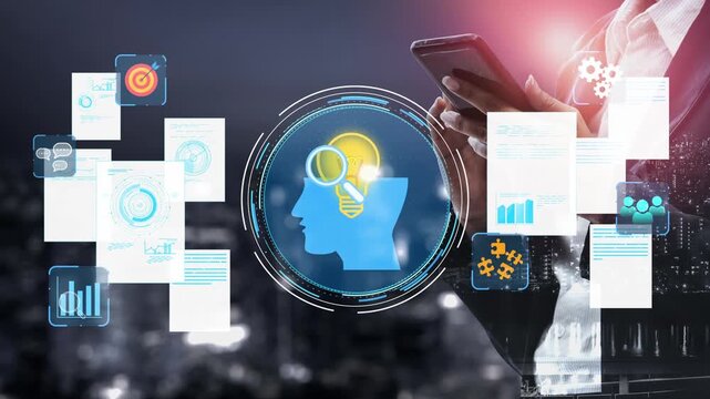 Conceptual visualization of digital innovation and business intelligence with light bulb symbolizing ideas and insights for future growth in modern technology. Entropy.