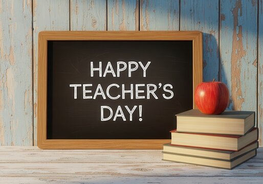 Happy Teacher's Day text on chalkboard with stack of books and red apple on wooden table