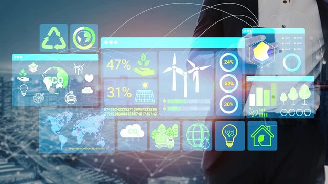 Businessman Interacting with Digital Environmental Data and Statistics Displayed on Transparent Screens in a Modern Urban Setting. Entropy.
