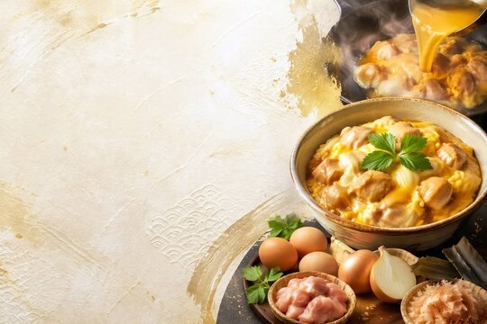 Japanese Oyakodon Chicken and Egg Rice Bowl with Raw Ingredients Representing Authentic Asian Culinary Heritage
