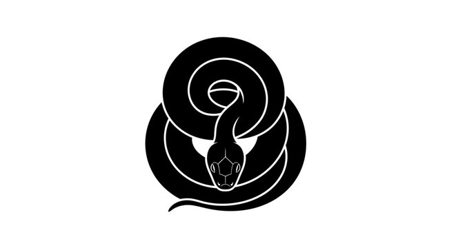 Minimalist black and white icon illustration of a coiled snake viewed from the front.