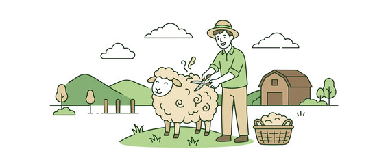 Farmer shearing sheep in a pastoral landscape © harjo