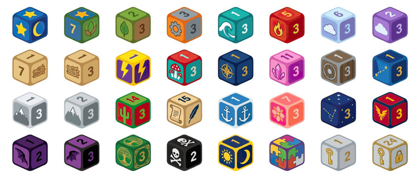 Collection of Colorful Game Dice with Various Symbols