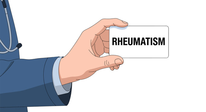 Doctor's hand holding a card with the word 'RHEUMATISM' written on it, isolated on a white background, symbolizing medical diagnosis or health concepts.