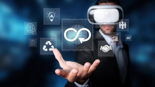 A businessman wearing virtual reality glasses explores a digital environment filled with technology and sustainability icons, emphasizing innovation in future workspaces. Raster