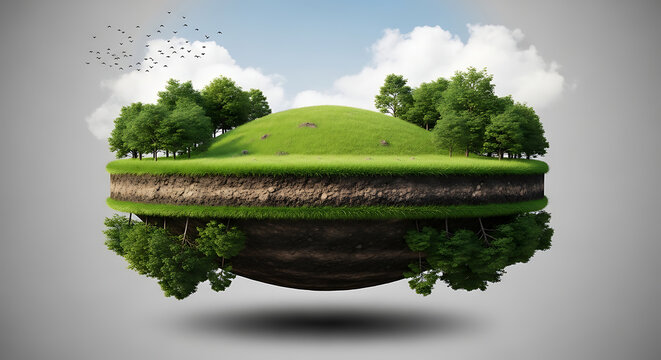 Floating grass island with trees and earth layers floating landscape environment levitation