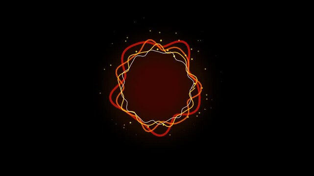 Abstract digital orange and red wave circle animation with glowing lines and floating particles on a black background, representing energy frequency or audio visualization.