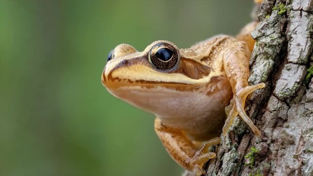 Close-up of a frog clinging to a tree trunk with textured bark against a blurred green background