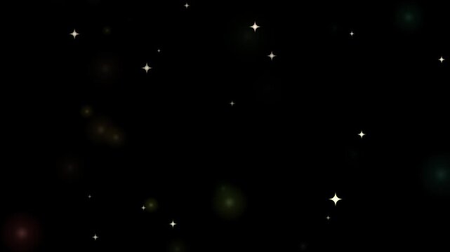 Minimalist background featuring scattered gold four-pointed twinkling stars and soft purple bokeh circles floating on a solid black field, high definition digital graphic.