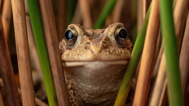 Close-up of a toad's face peeking from tall grass, featuring textured skin and large eyes