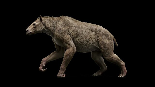 An extinct prehistoric predator Hyaenodon walking isolated on a solid black background. Ideal for paleontology documentaries, ancient wildlife clips, museum exhibits, evolutionary biology videos, and 