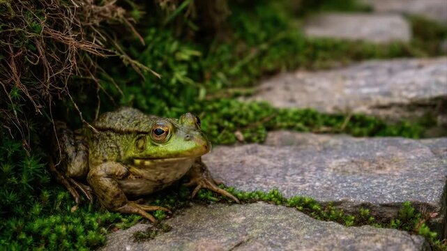 A green frog sits among moss and stone steps. A close-up captures its features