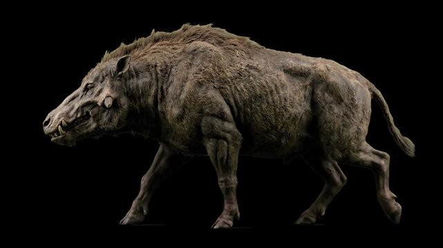 A massive 3D prehistoric Entelodon or Daeodon hell pig walking menacingly, isolated on a solid black background. Great for Cenozoic mammal documentaries, prehistoric monster animations, prehistoric su