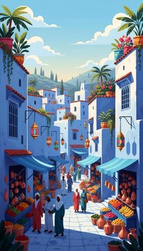 Moroccan blue city market street in Chefchaouen with colorful lanterns representing North African culture, traditional marketplace, and travel