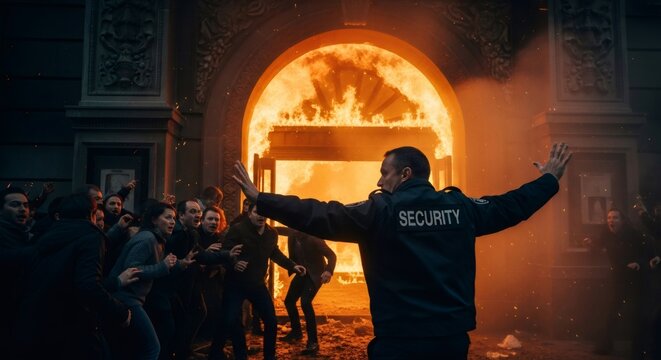 Man security blocking a panic crowd from burning building. Fire incident safety, emergency situation, and evacuation concept.