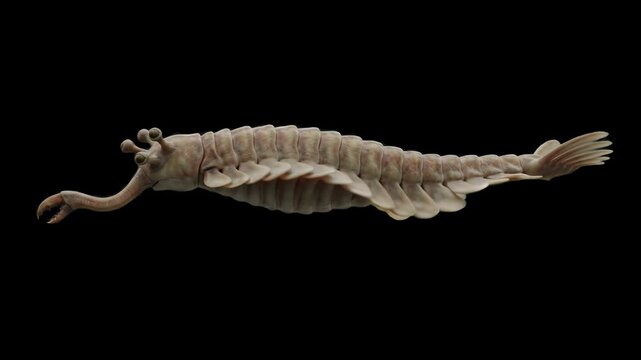 3D animation model of the extinct Cambrian organism Opabinia regalis swimming with its five eyes and flexible proboscis, isolated over a black background. Ideal for paleontology documentaries, Cambria
