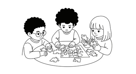 Minimalist black and white outline illustration showing three diverse children sitting at a round table cooperatively solving a jigsaw puzzle. Concept of teamwork, education, and play.