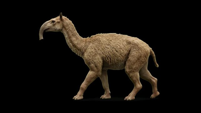 A realistic 3D model of a prehistoric Macrauchenia mammal walking forward, isolated on a solid black background. Ideal for Cenozoic ice age documentaries, prehistoric animal animations, natural histor