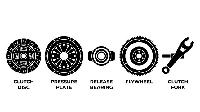 Set of Car Clutch System Components Icons and Parts.