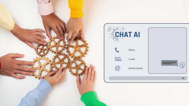 Diverse hands work together assembling gears while an AI chat interface illustrates communication options for enhancing business interactions and collaboration. Raster