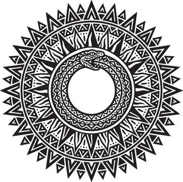 Circular mandala emblem featuring an ouroboros snake biting its tail surrounded by sharp triangular patterns in a black and white style