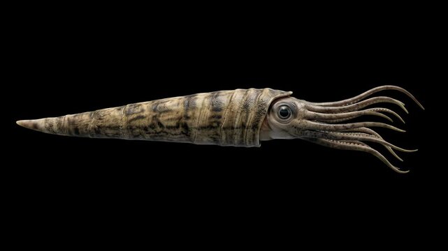 A detailed 3D rendering of the prehistoric nautiloid Cameroceras swimming horizontally against a solid black background. Perfect for evolutionary marine biology projects, ancient ocean history concept
