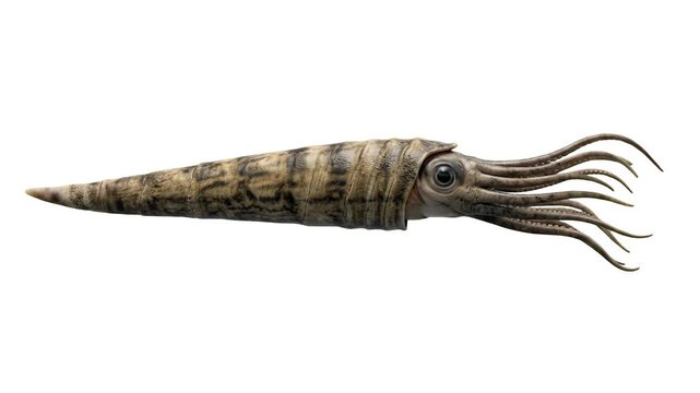 A detailed 3D render of a prehistoric Cameroceras or Orthoceras nautiloid cephalopod swimming forward, isolated on a clean white background. Perfect for paleontology documentaries, ancient ocean life 