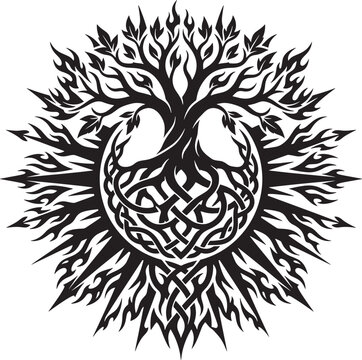 Circular tree of life with complex celtic knot roots and sharp flame-like foliage in a bold black and white