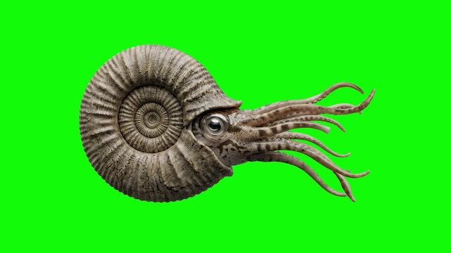 Realistic 3D render of an ancient ammonite creature with tentacles extending from its coiled shell, isolated on a bright green screen chroma key background. Ideal for underwater prehistoric scene edit