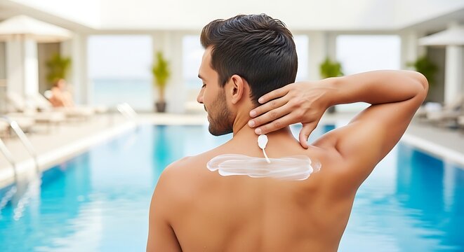 Rear view of a man applying white sunscreen cream to his back while standing by a turquoise swimming pool at a luxury tropical resort during a bright sunny summer day.