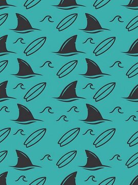 Shark fin and surfboard seamless pattern on teal background