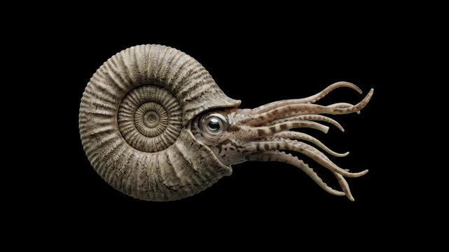 Detailed 3D model of a prehistoric ammonite cephalopod mollusk with spiral shell and tentacles, isolated against a solid pitch-black background. Perfect for paleontology documentaries, ancient ocean l